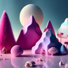 Colorful landscape with purple mountains, pastel sky, moon, floating islands, and small house.