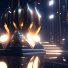 Glowing futuristic trophy in reflective, illuminated setting