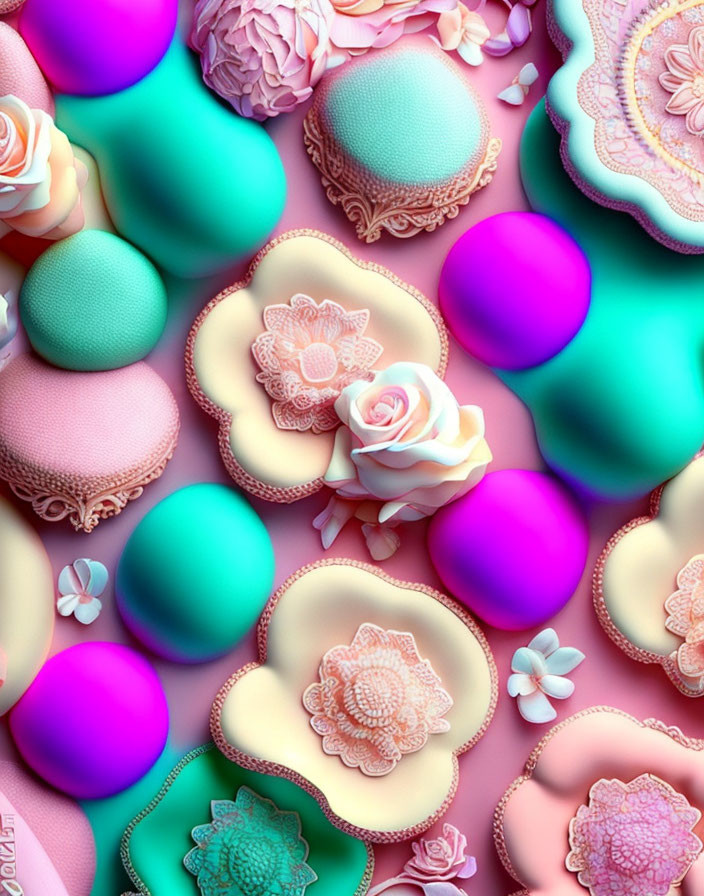 Assortment of Ornate Hearts and Flowers on Pink Background