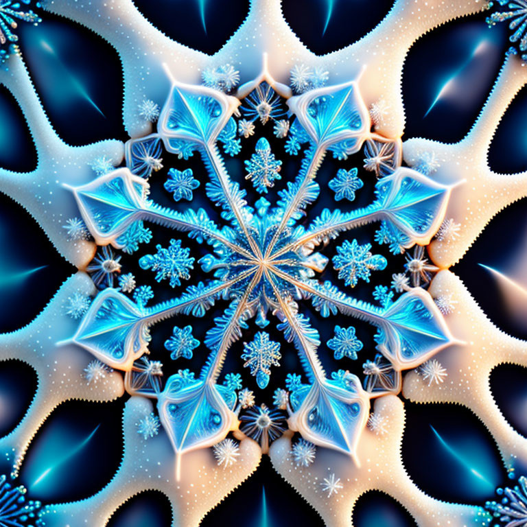 Intricate Blue and White Snowflake Fractal Patterns