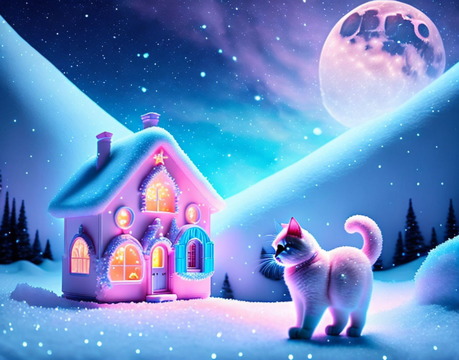 White Cat near Pink House in Snowy Landscape with Moon and Northern Lights