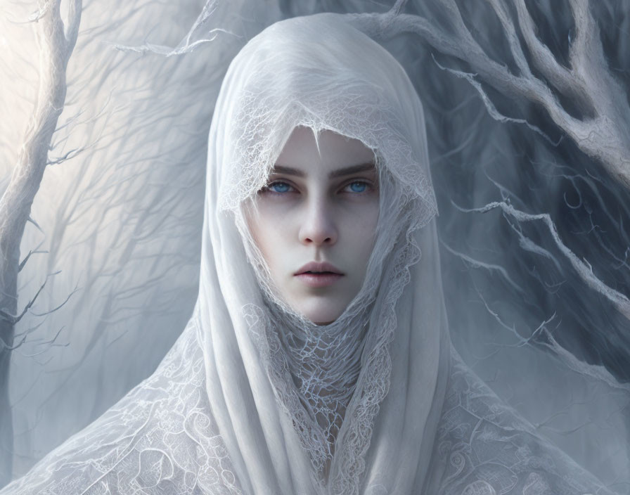 Person with Piercing Blue Eyes in White Lace Veil Surrounded by Ethereal Gray Branches