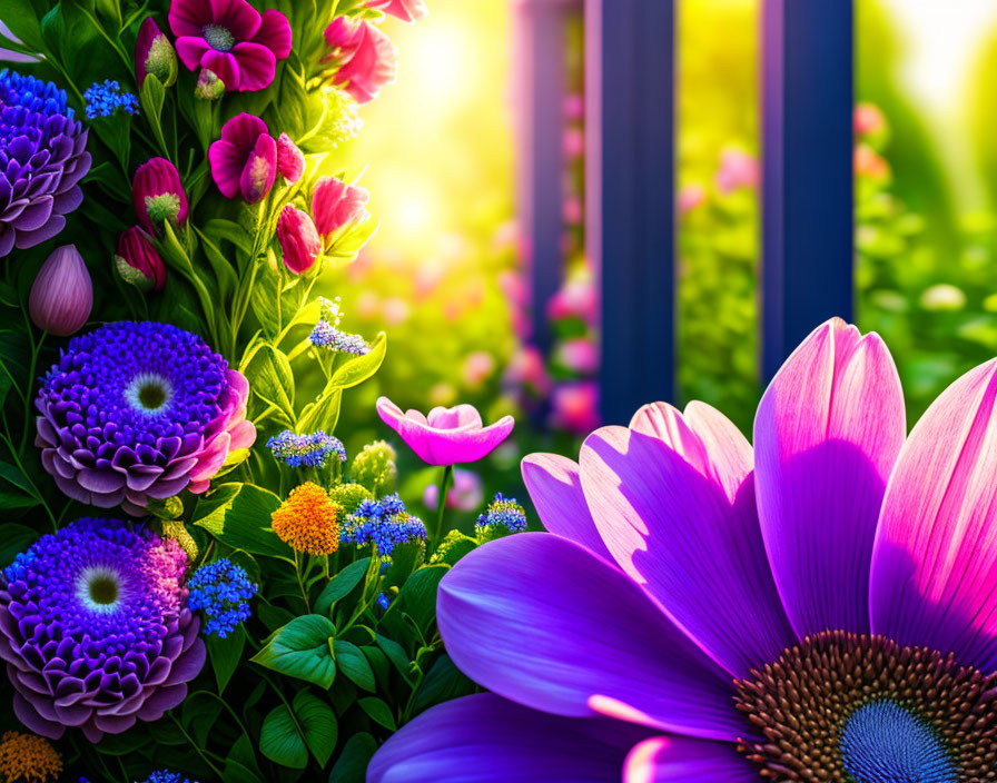 Colorful garden flowers bloom under sunlight by blue wooden fence