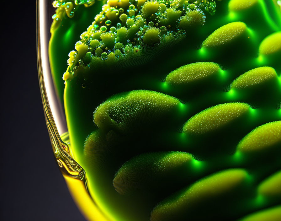 Vibrant green bubbly liquid in glass container on dark background