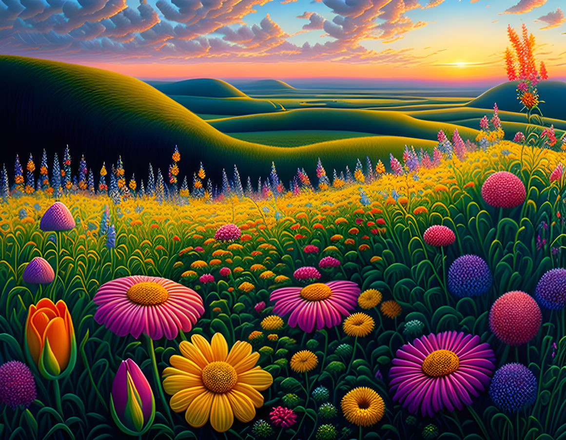 Colorful Sunset Landscape with Rolling Hills and Blooming Flowers