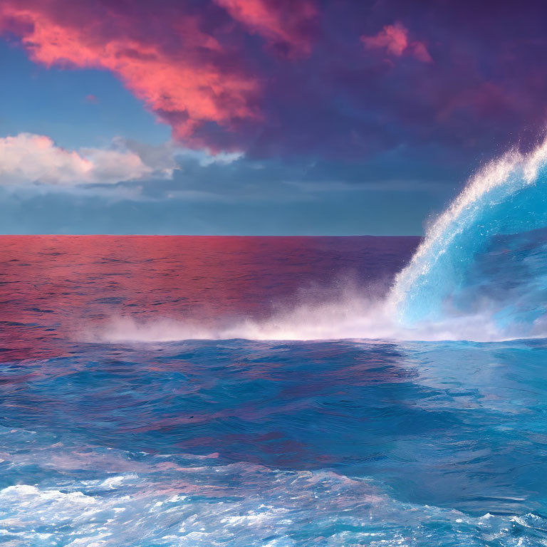 Colorful seascape with crashing wave and dramatic sunset sky