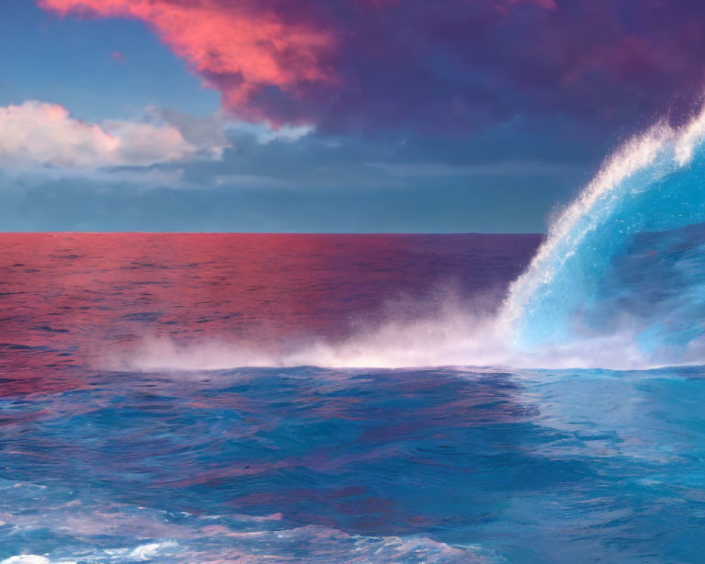 Colorful seascape with crashing wave and dramatic sunset sky