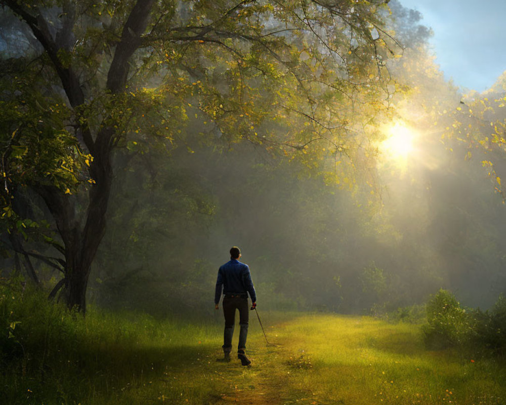 Person Walking in Misty Forest with Sunlight Streaming Through Trees