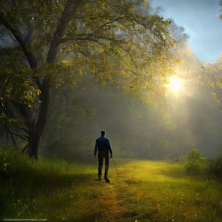 Person Walking in Misty Forest with Sunlight Streaming Through Trees