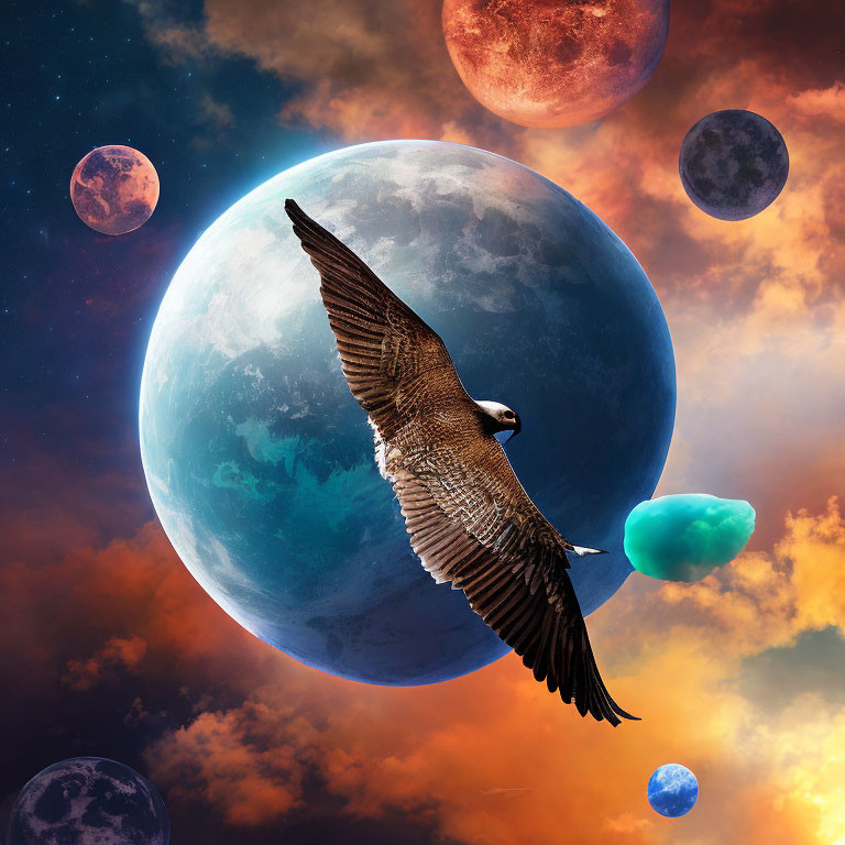 Majestic eagle flying in surreal space with colorful planets and stars