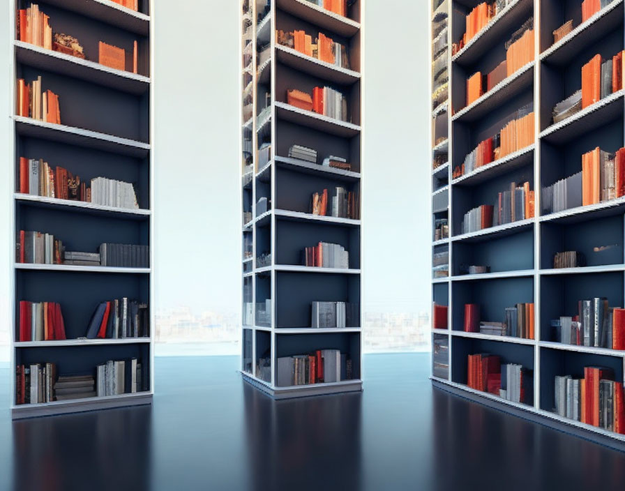 Contemporary library with tall white bookshelves and city view