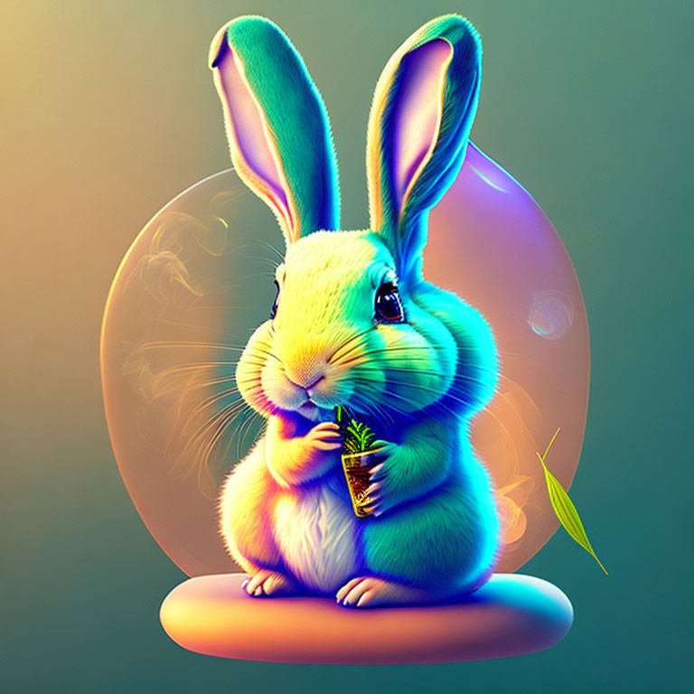 Vibrant Rabbit Illustration with Carrot on Bubble Background