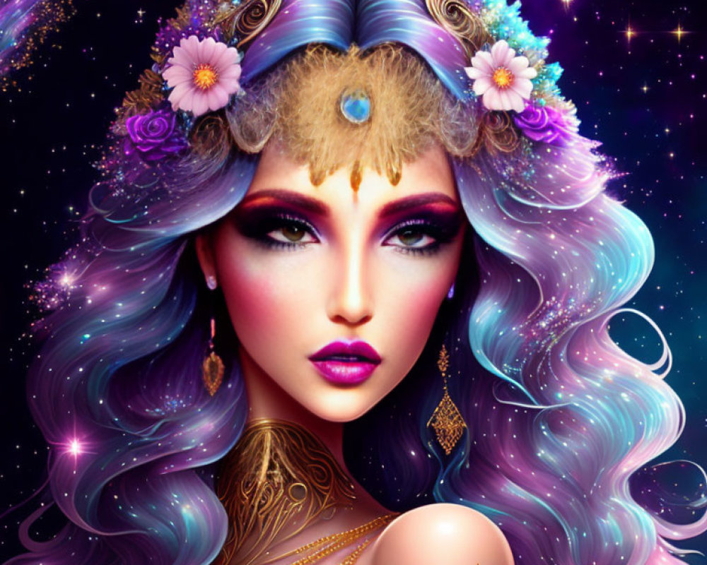 Fantasy illustration of a woman with lilac hair, golden tattoos, and star-themed makeup.