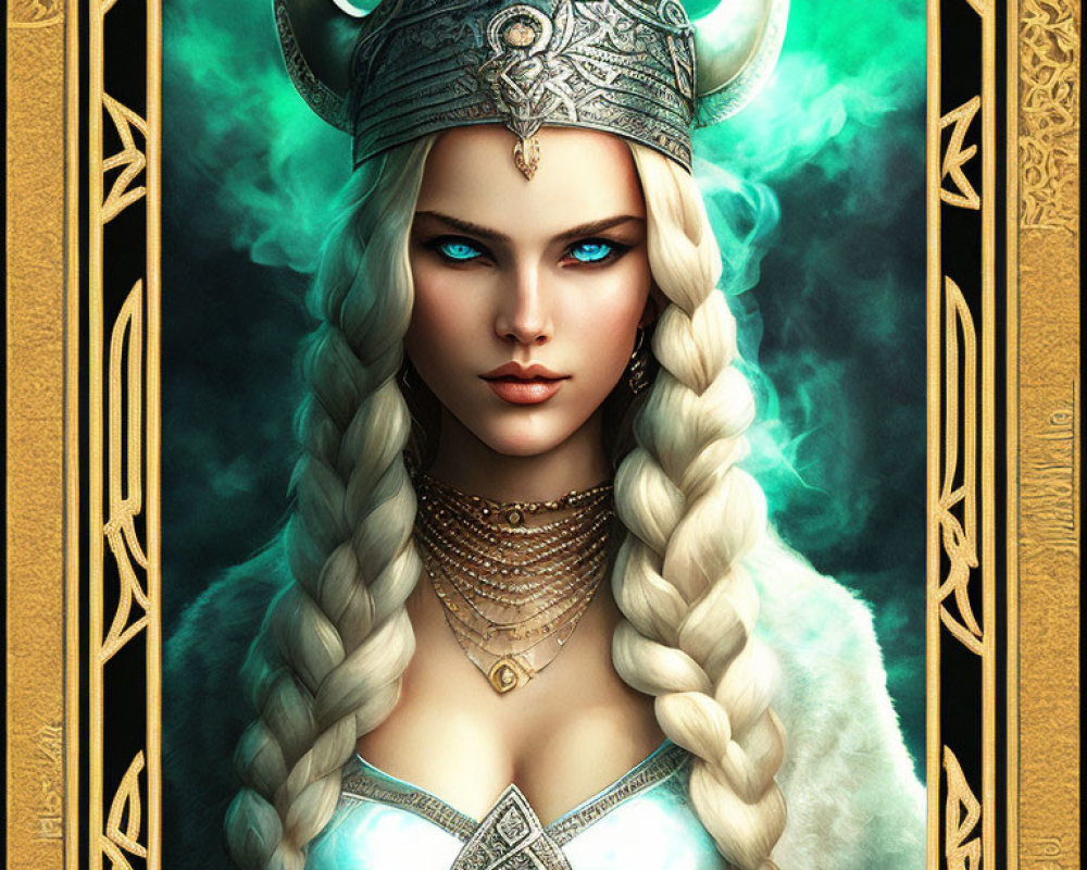 Fantasy female digital artwork with horned helmet and intricate armor