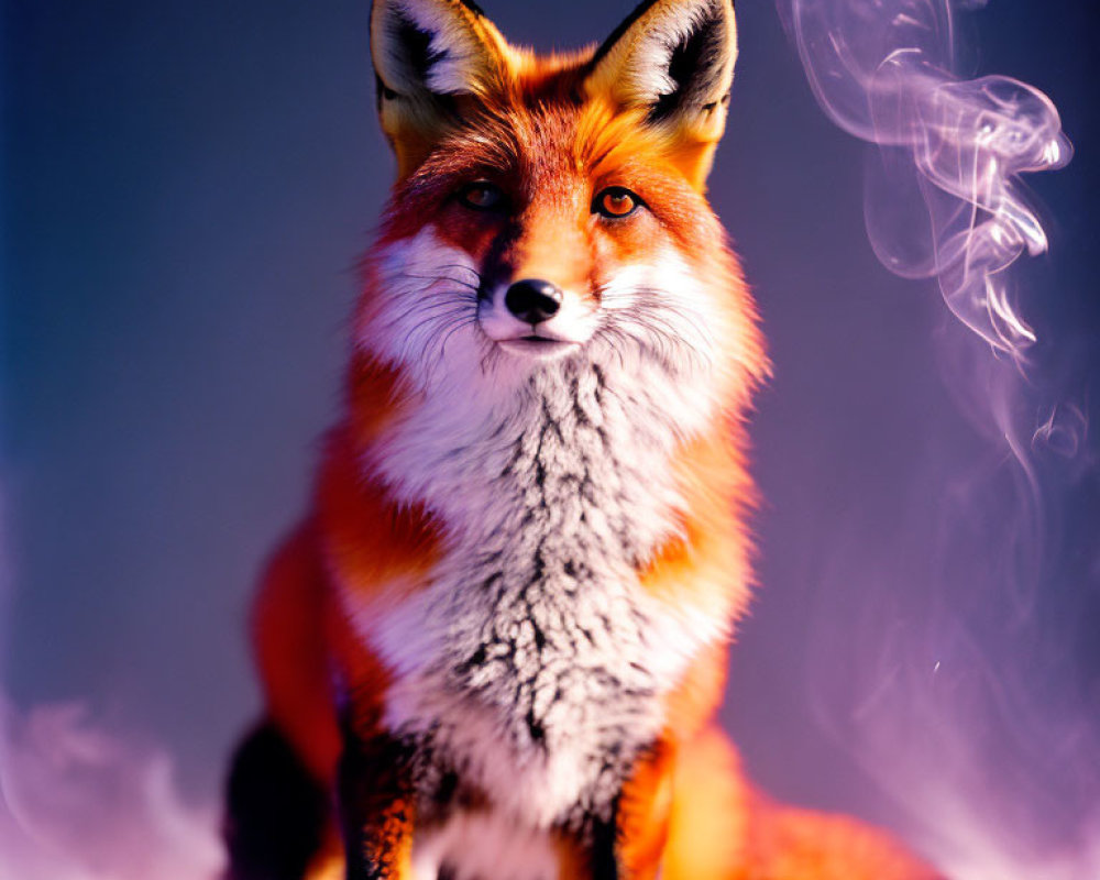 Red Fox Portrait with Smoke Swirls on Purple-Orange Background