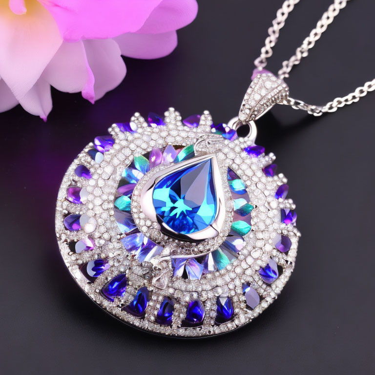 Silver Pendant with Blue Teardrop Gemstone and Diamonds on Chain with Pink Flower