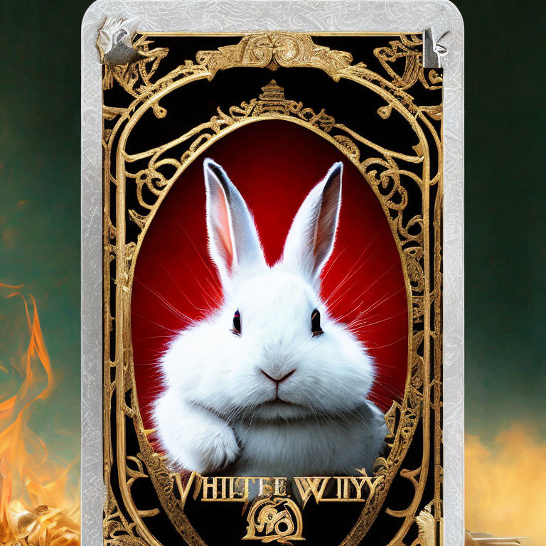 White rabbit in golden frame with "White Willy" text on smoky background