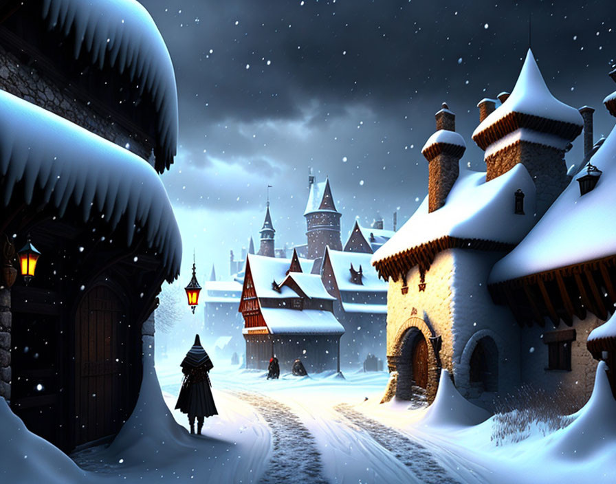 Cloaked figure walking to snow-covered village at night