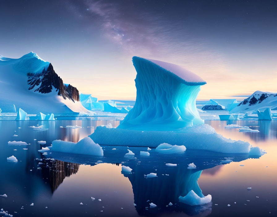 Arctic landscape with blue iceberg in calm waters at twilight