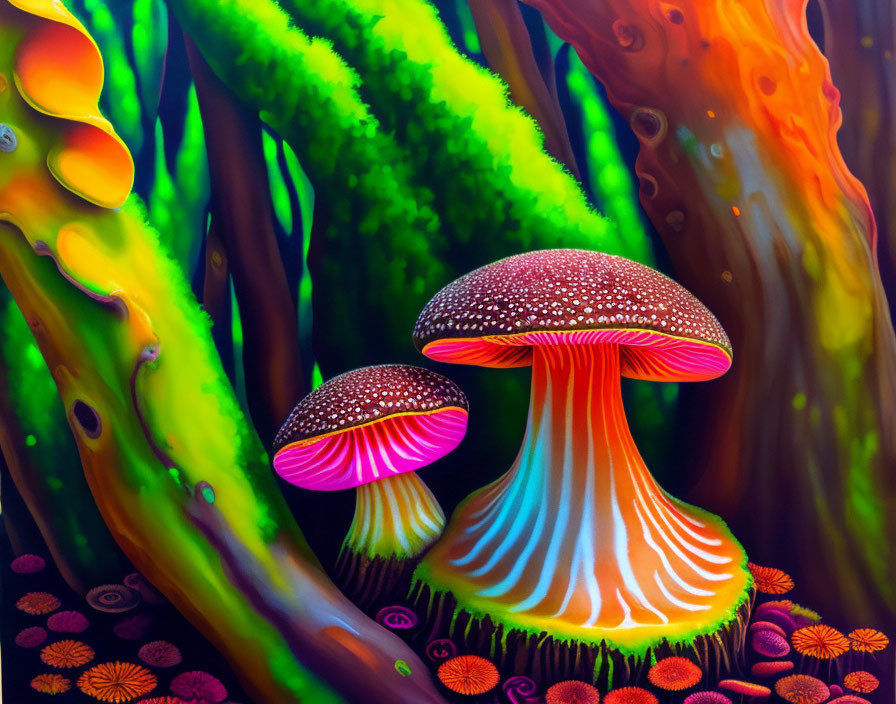 Colorful psychedelic mushroom painting in fantastical forest