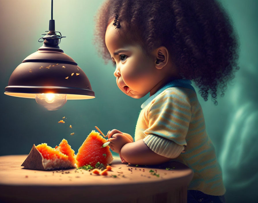 Curly-Haired Child Carving Fruit Under Glowing Lamp