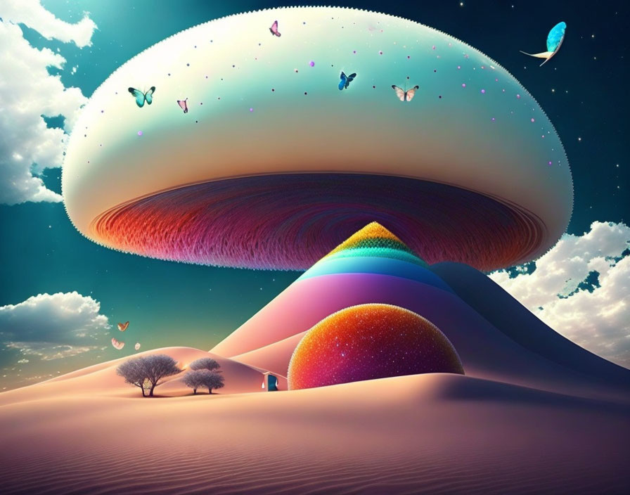 Colorful layered hills with mushroom-shaped structure and butterflies in surreal landscape