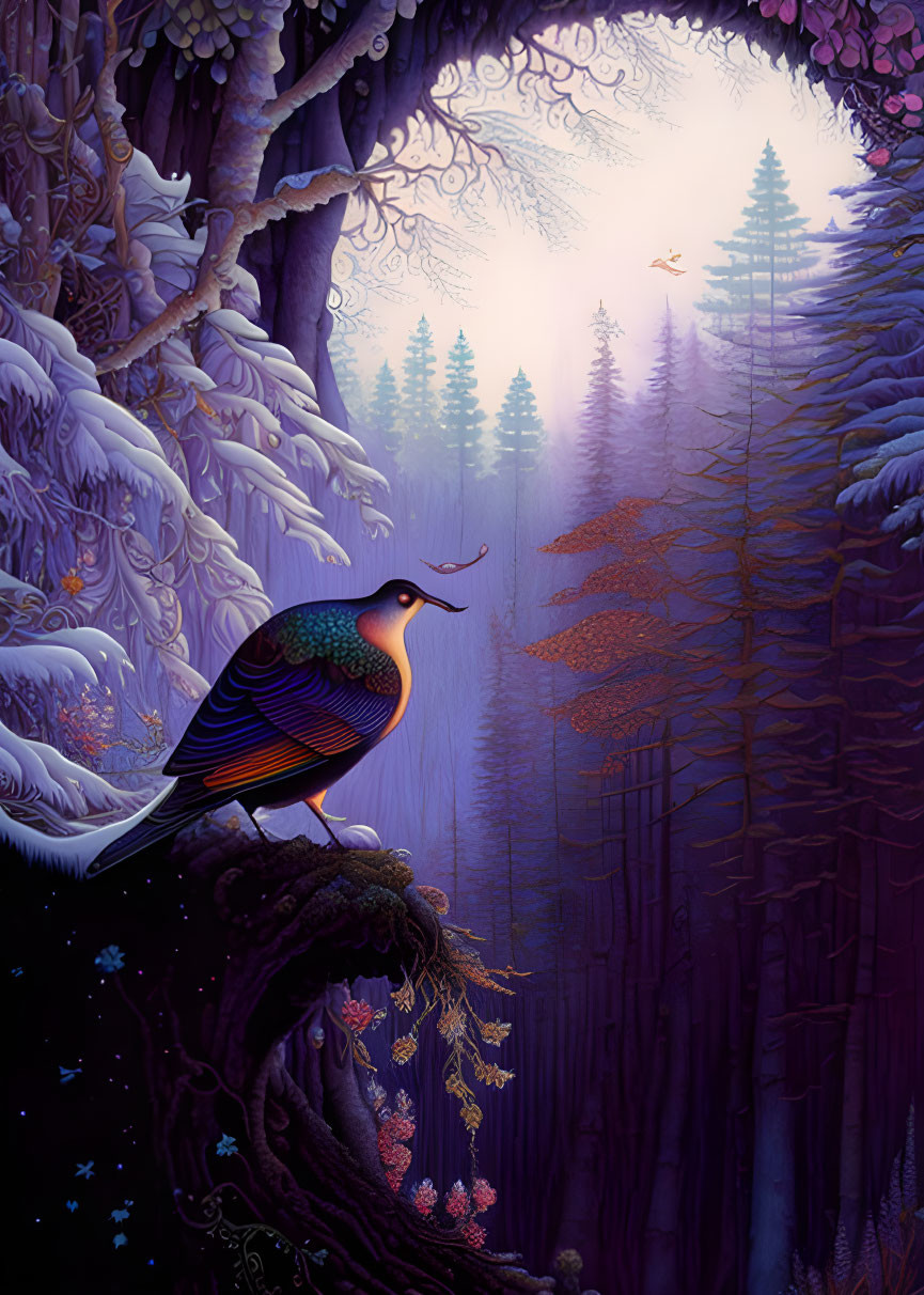 Colorful bird in mystical forest with icy trees and autumn foliage at twilight