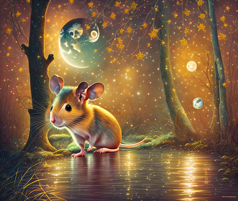 Colorful Mouse in Moonlit Fantasy Scene with Trees and Water