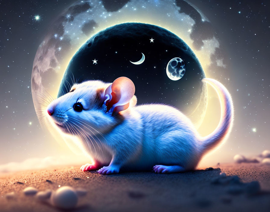 White Mouse on Sandy Surface with Oversize Moon and Planets in Twilight Sky