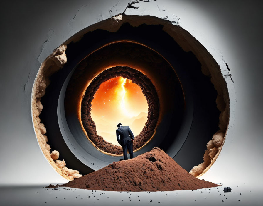 Person in suit near surreal circular tunnel with glowing horizon and debris.