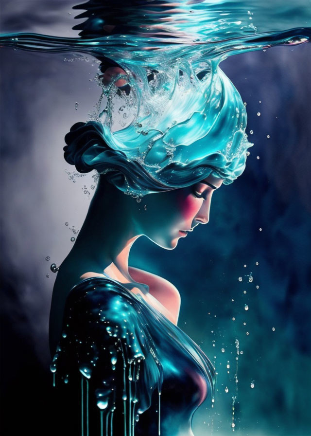 Surreal artwork of woman with submerged head in water