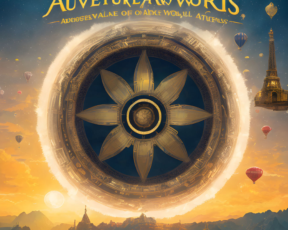 Circular steampunk airship over fantasy landscape with hot air balloons at sunset