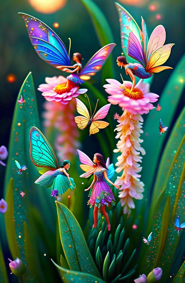 Colorful digital artwork featuring fairy-like creatures with butterfly wings in a whimsical garden.