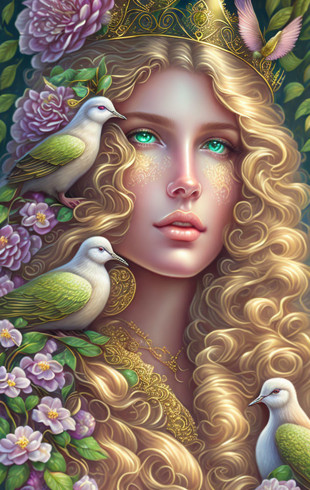 Illustrated portrait of woman with golden hair, green eyes, golden crown, flowers, and white birds