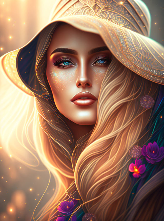 Blonde woman with hat in magical digital artwork