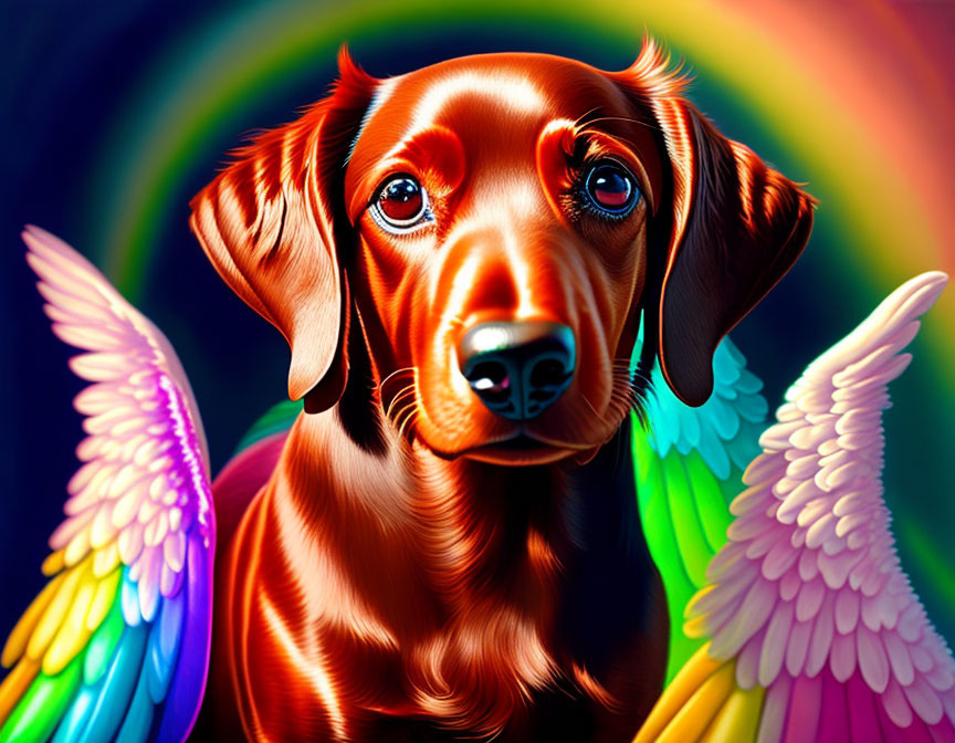 Colorful Rainbow Wings Dachshund Illustration on Swirly Background