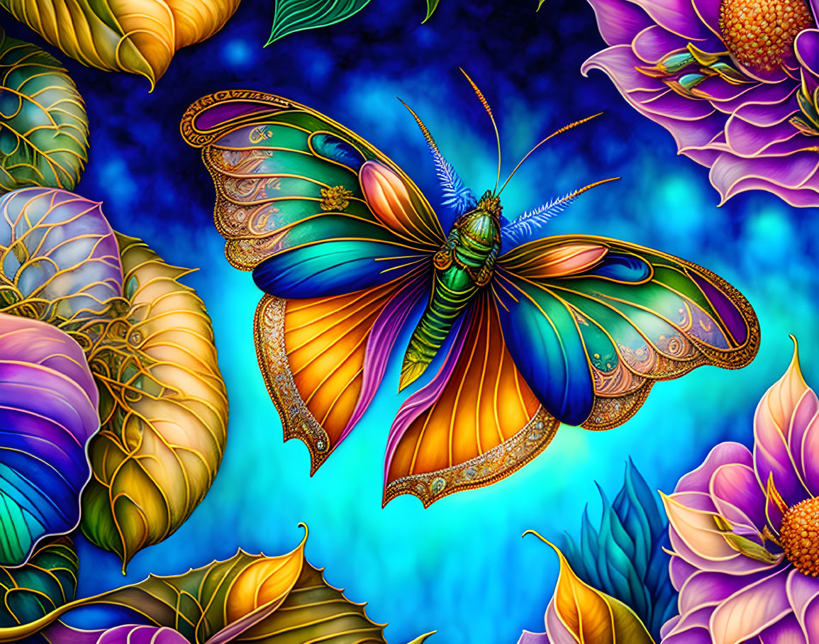 Detailed Butterfly Artwork with Multicolored Wings and Purple Flower Background