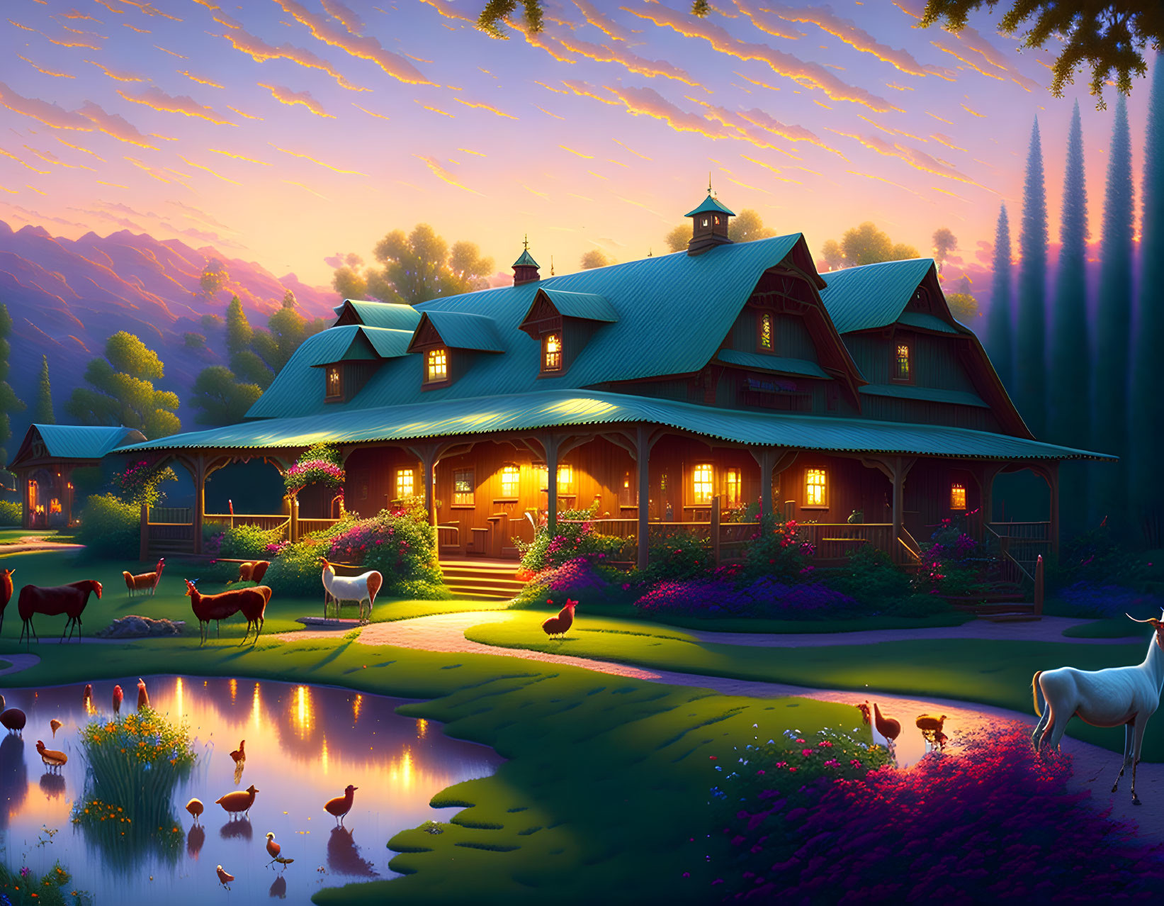 Country house with turquoise roof, cows grazing, ducks by pond, vibrant sunset sky