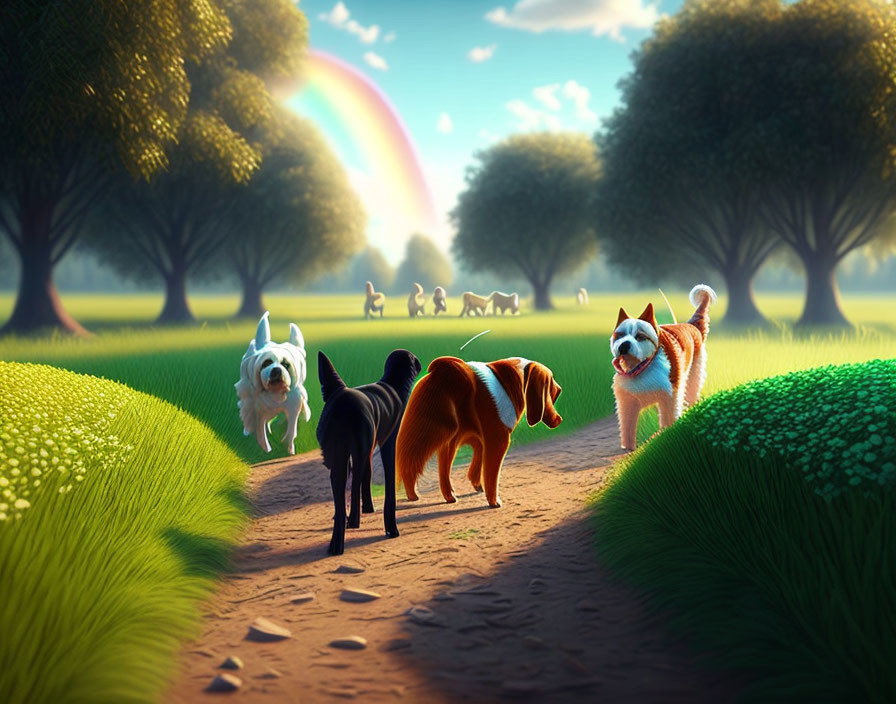 Colorful animation of dogs in park with rainbow