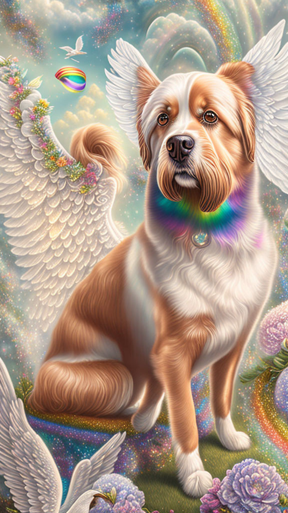 Dog with wings and rainbow collar in surreal sky with small planet