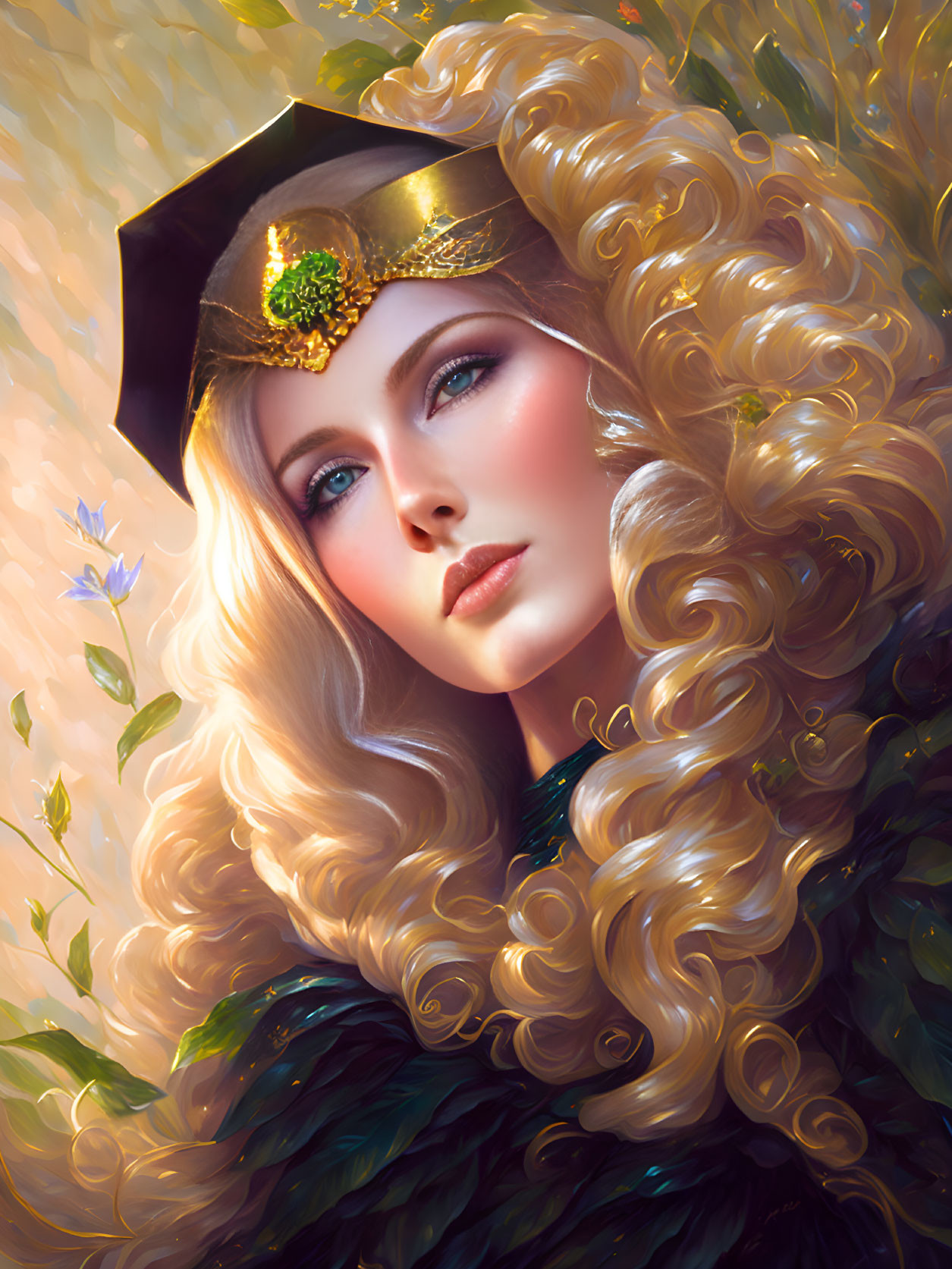 Woman with Voluminous Curly Blonde Hair and Blue Eyes in Golden Headpiece, Surrounded by