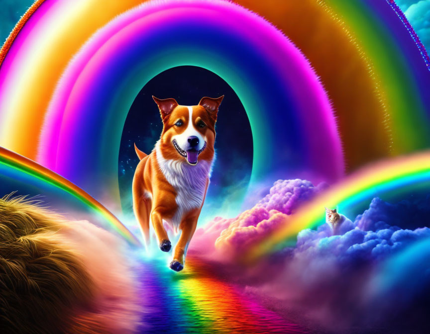 Colorful Dog Running on Rainbow Bridge with Cosmic Background and Cat Observing