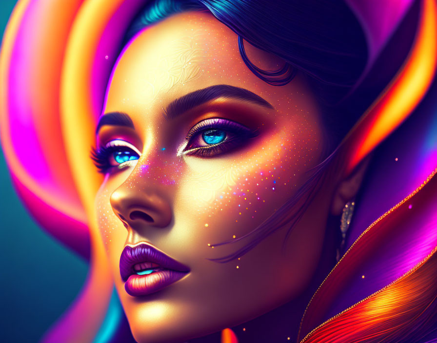 Colorful digital artwork featuring woman with vibrant makeup