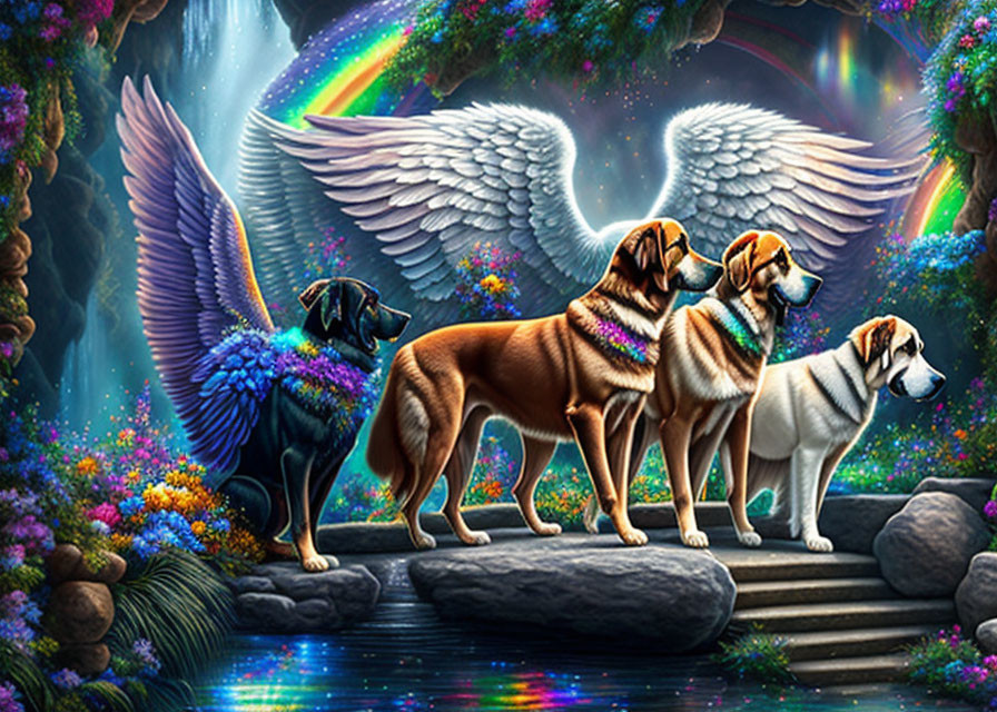 Vibrant winged dogs in magical forest by river