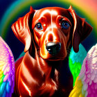 Colorful Rainbow Wings Dachshund Illustration on Swirly Background