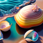 Colorful digital beach scene with oversized glowing seashell and starfish in clear blue waves