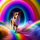 Colorful Dog Running on Rainbow Bridge with Cosmic Background and Cat Observing