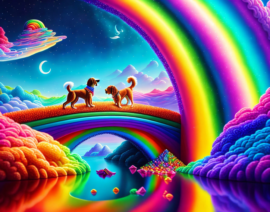 Vibrant rainbow bridge with dogs, colorful clouds, starry sky, and floating islands reflected on