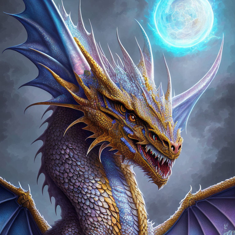 Majestic dragon with gold and blue scales under a mystical blue moon