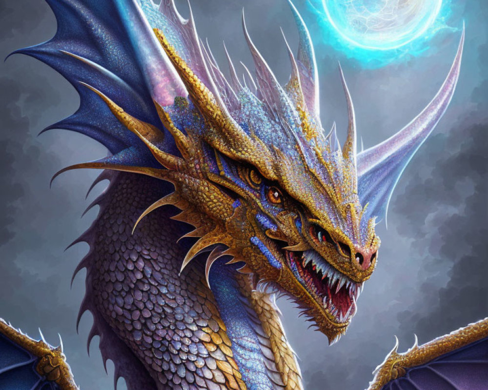 Majestic dragon with gold and blue scales under a mystical blue moon